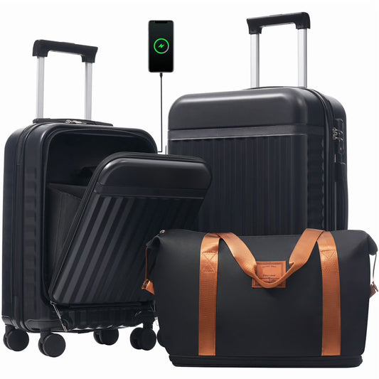 Front Opening Luggage Set 3 Piece, Hardside Carry on Suitcase with USB Port, Expandable Luggage with Handle Bag Spinner Wheels TSA Lock