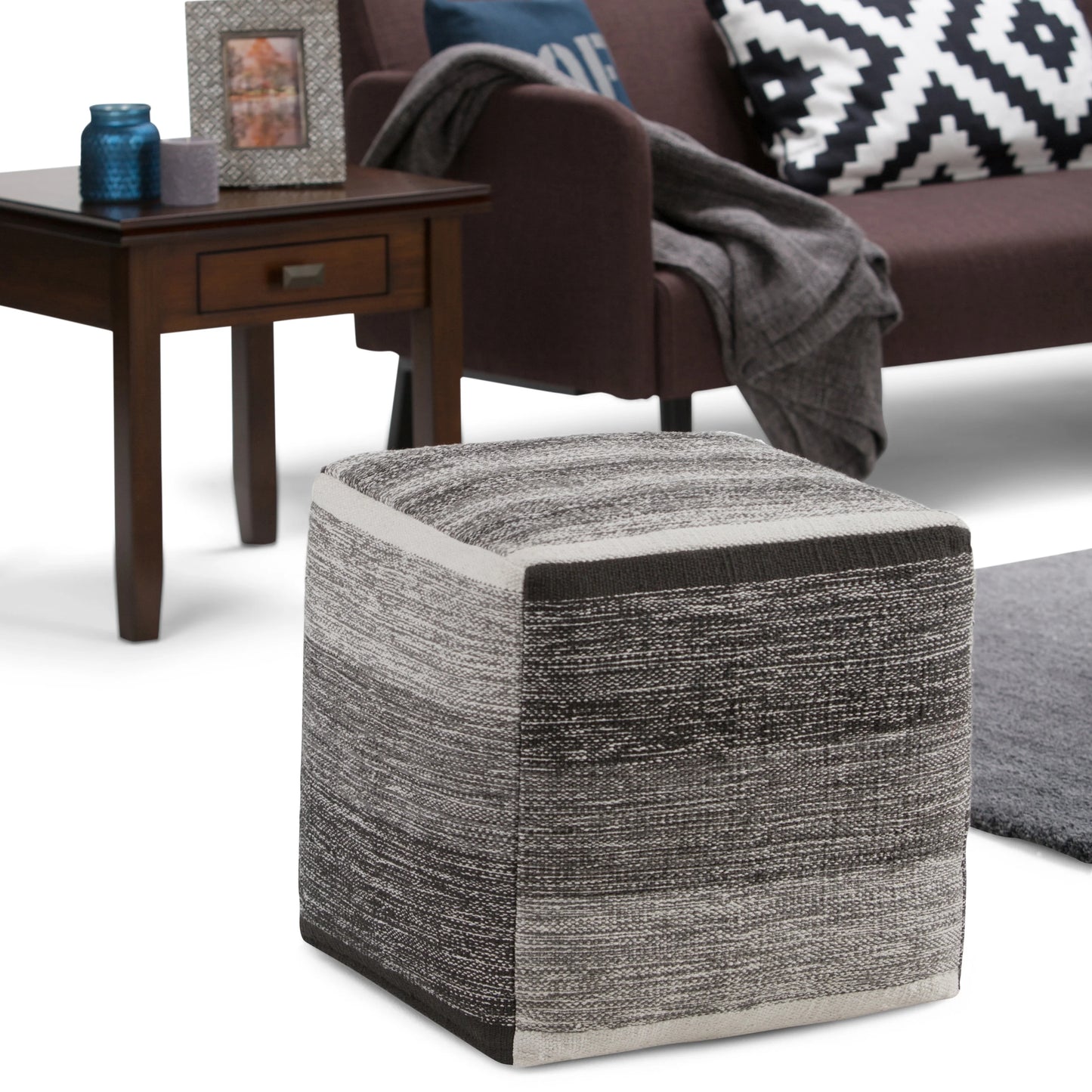 Simpli Home Naya Cube Pouf in Gray Melange Cotton