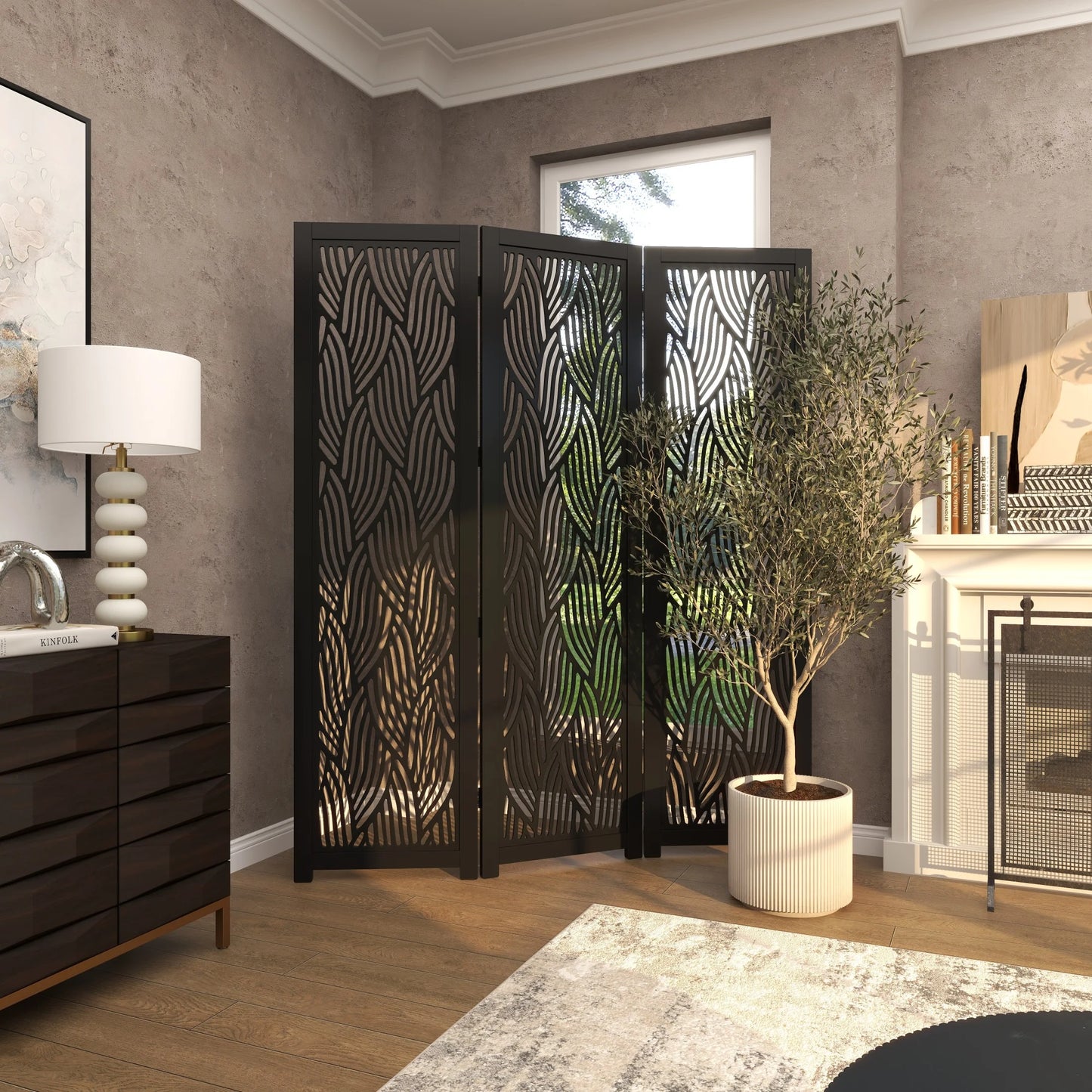 DecMode 60" x 72" Black Mango Wood Abstract Wavy Cutout 3 Panel Room Divider Screen, 1-Piece