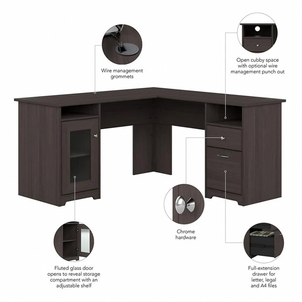Pemberly Row 60" Home Office L-Shape Desk with 4-Port USB Hub and File Drawer in Heather Gray