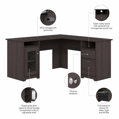 Pemberly Row 60" Home Office L-Shape Desk with 4-Port USB Hub and File Drawer in Heather Gray