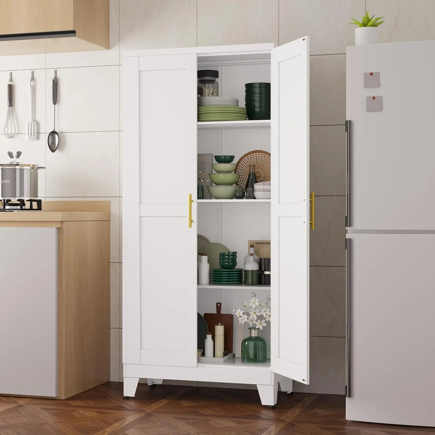 Metal Storage Cabinet - 61" Tall Steel File Cabinets with 2 Doors and 3 Adjustable Shelves Versatile Storage Pantry Cabinet for Home Office Warehouse Garage or Outdoor (White)
