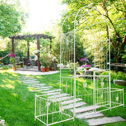 Garden Arch Metal Garden Arch with Gate 79.5'' Wide x 86.6'' High Climbing Plants Support Rose Arch Outdoor Cream White,Garden Trellis