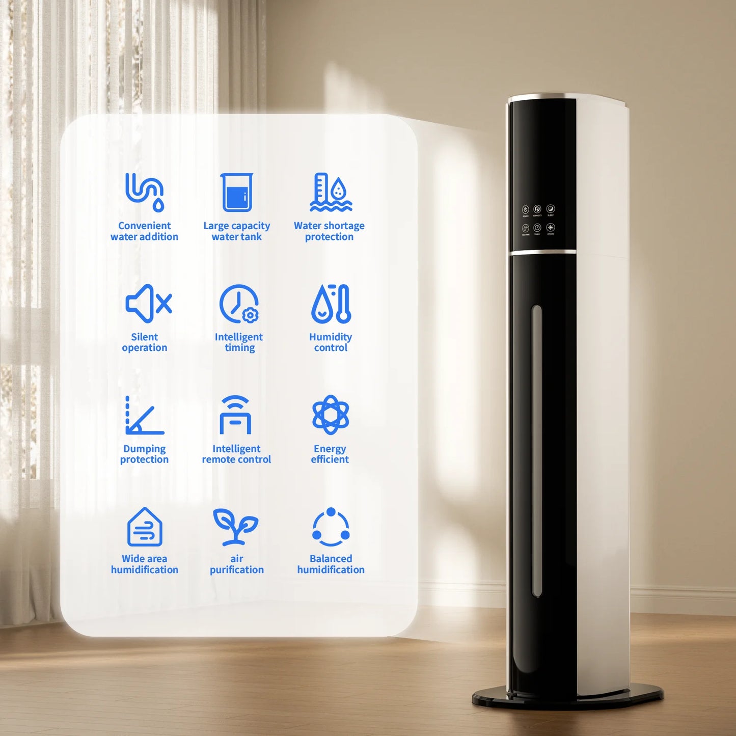 Rocyis Humidifier for Room Home Bedroom, 9L 2.3Gal Cool Mist Tower Top Fill Large Humidifier with Essential Oils,Whole House Floor Humidifiers for Baby,Pets,Plants,with Remote,360° Nozzle,White