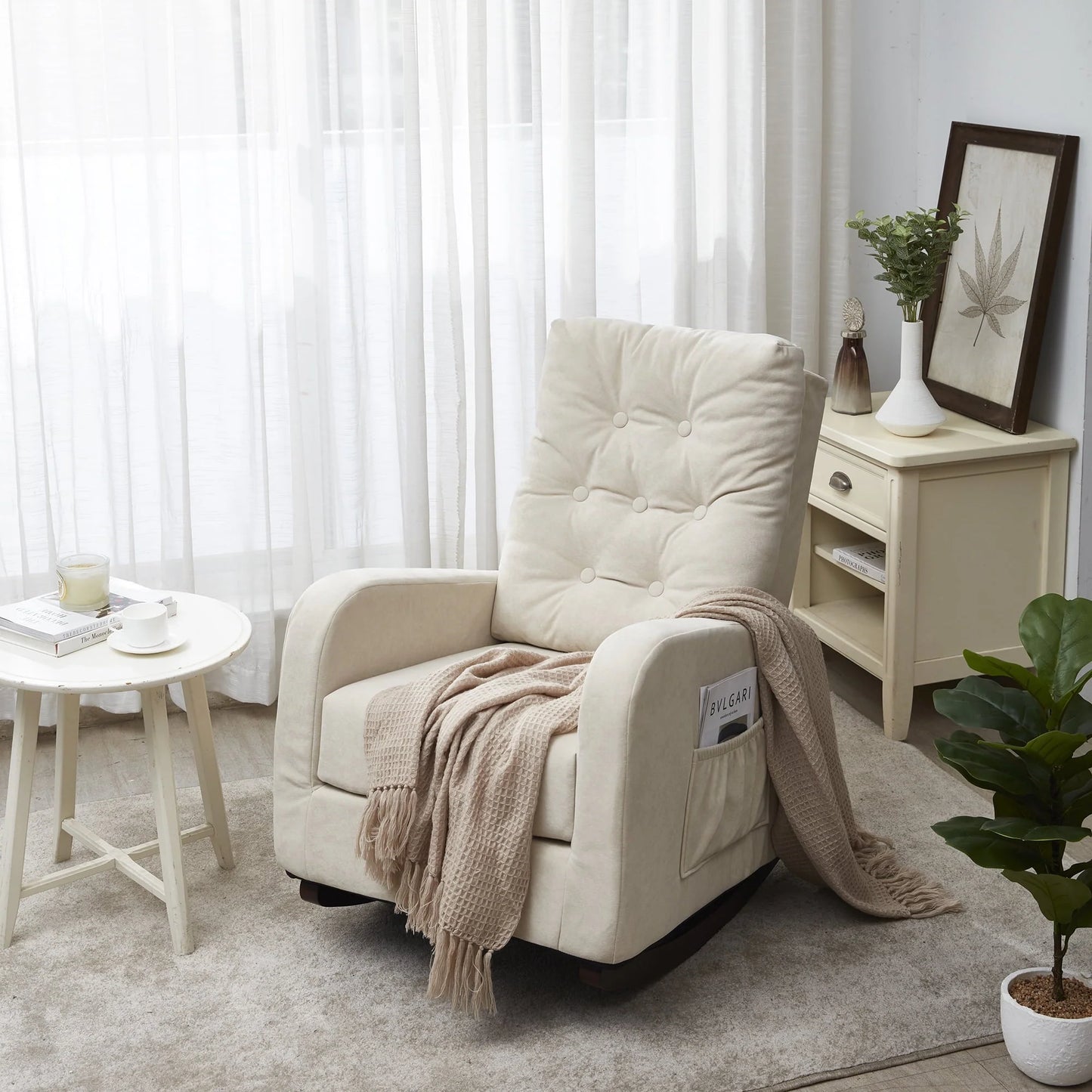 High Back Rocking Chair, Nursery Chair with Side Pocket, Linen Fabric Single Sofa Chair, Lazy Sofa Balcony Reclining Chair, Padded Armchair, for Living Room,Bedroom,Office, Beige