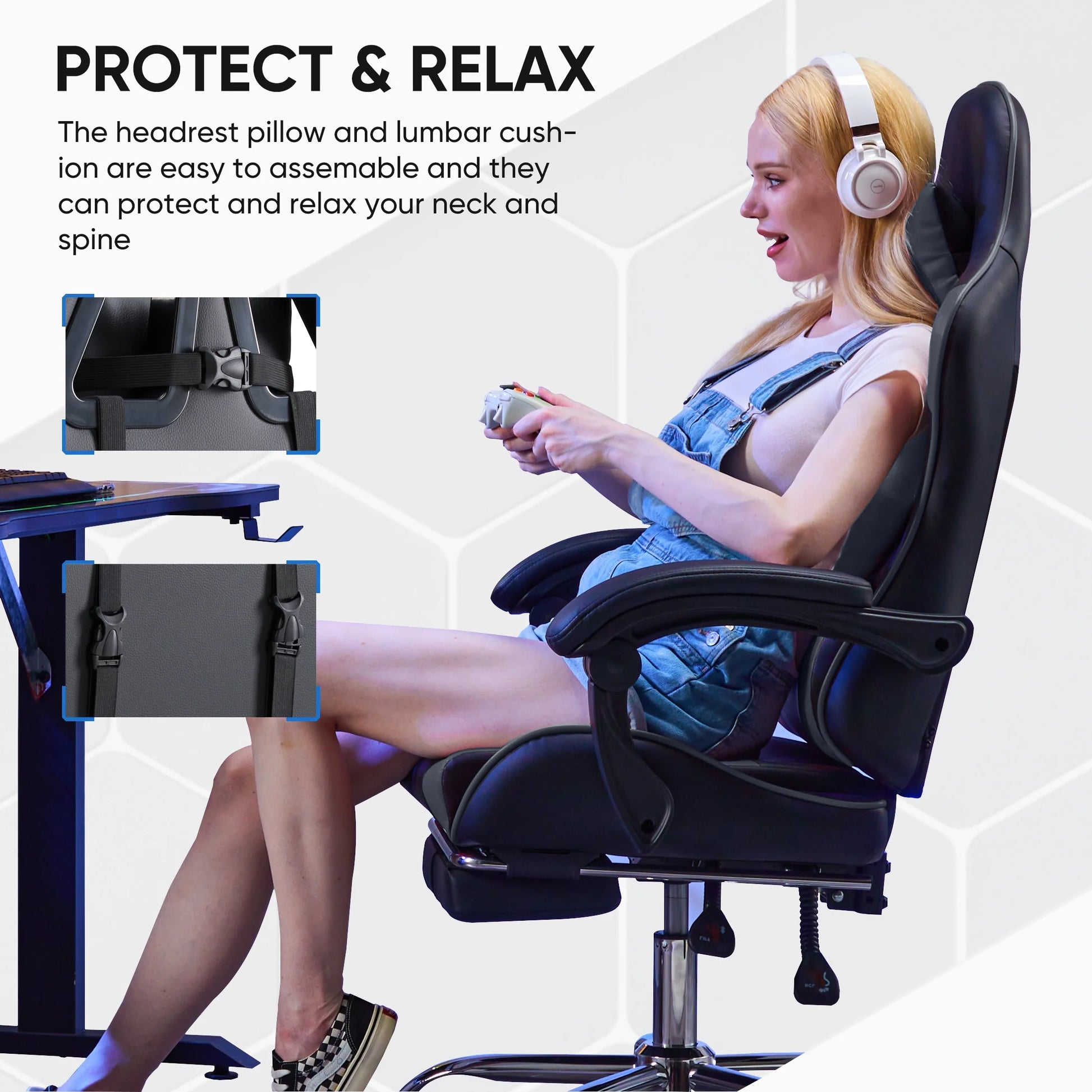 MCQ Ergonomic Swivel Gaming Chair with Headrest Lumbar Support for Home Office, Black and Grey