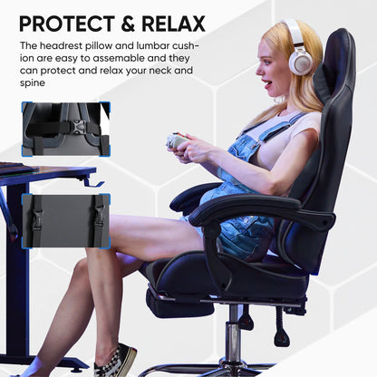 MCQ Ergonomic Swivel Gaming Chair with Headrest Lumbar Support for Home Office, Black and Grey