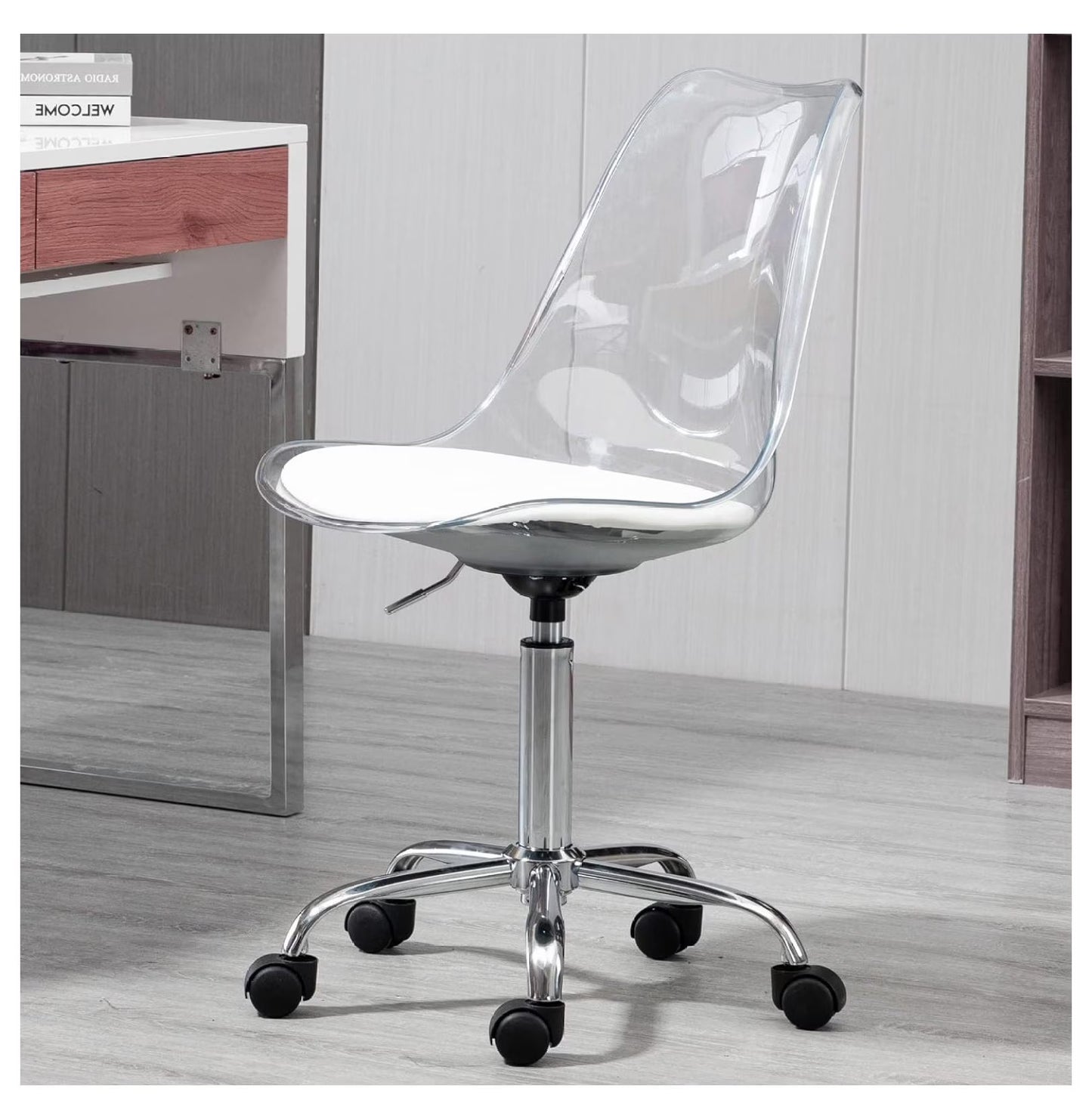 saney Clear Rolling Chair, Armless Desk Chair with Golden Feet Swivel Molded Plastic Shell Adjustable Home Office Chair with Wheels, Clear