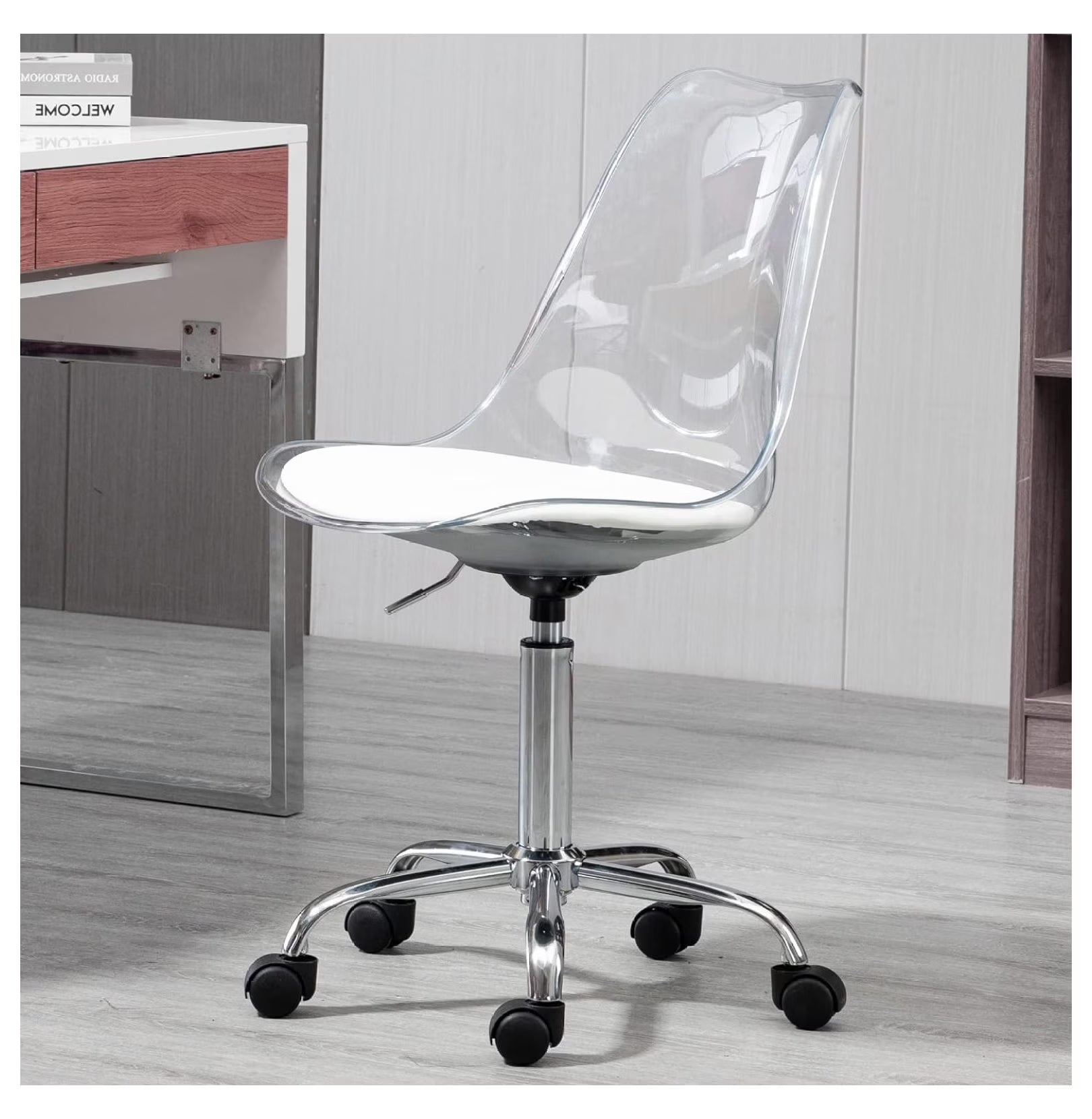 saney Clear Rolling Chair, Armless Desk Chair with Golden Feet Swivel Molded Plastic Shell Adjustable Home Office Chair with Wheels, Clear