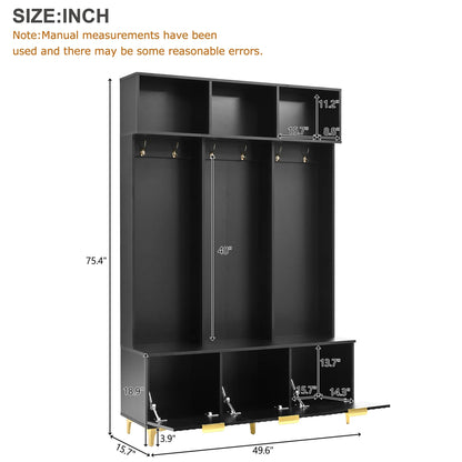 Euroco Modern Hall Tree with High Gloss Fluted Doors, Gold Accents, Shoe Storage & Bench - Entryway Organizer with Cubbies and Coat Hooks