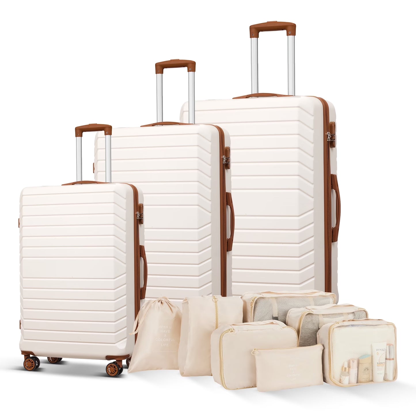 Gowill 3 Piece Luggage Sets Travel Suitcase Set with 7PCS Organizer Bags, White& Brown
