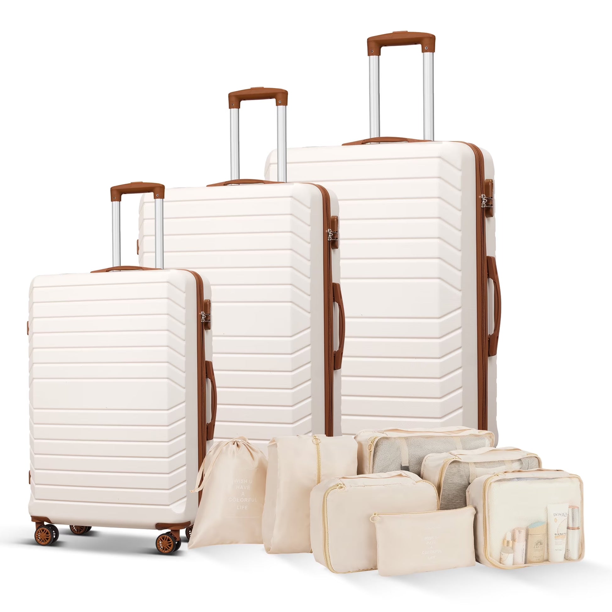 Gowill 3 Piece Luggage Sets Travel Suitcase Set with 7PCS Organizer Bags, White& Brown