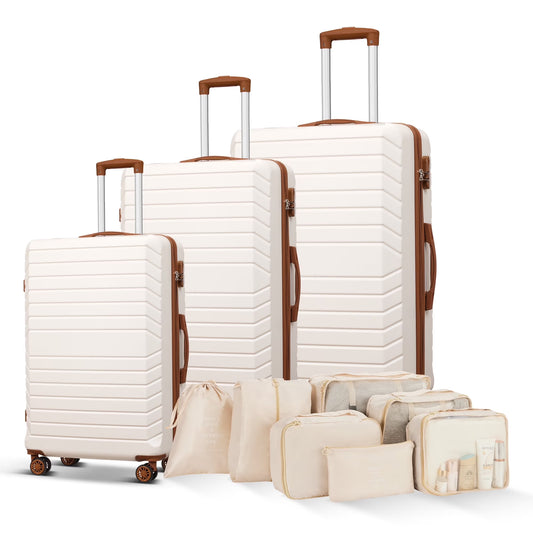 Gowill 3 Piece Luggage Sets Travel Suitcase Set with 7PCS Organizer Bags, White& Brown