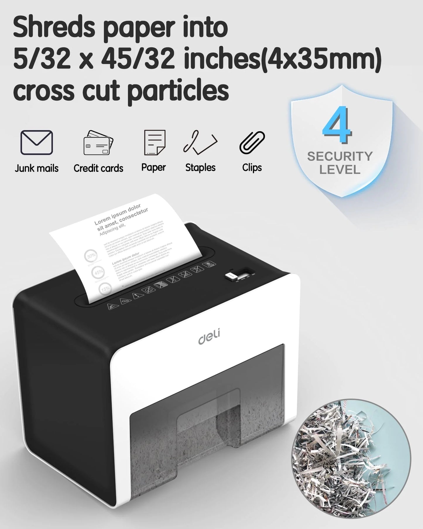 Deli 8-Sheet Paper Shredder Home Office Use Shredder, Mini Desktop Crosscut Shredder with 0.7 Gallon Bin Shred Credit Card/Mail/Staple/Clip, P-4 Security Paper Cutter, White