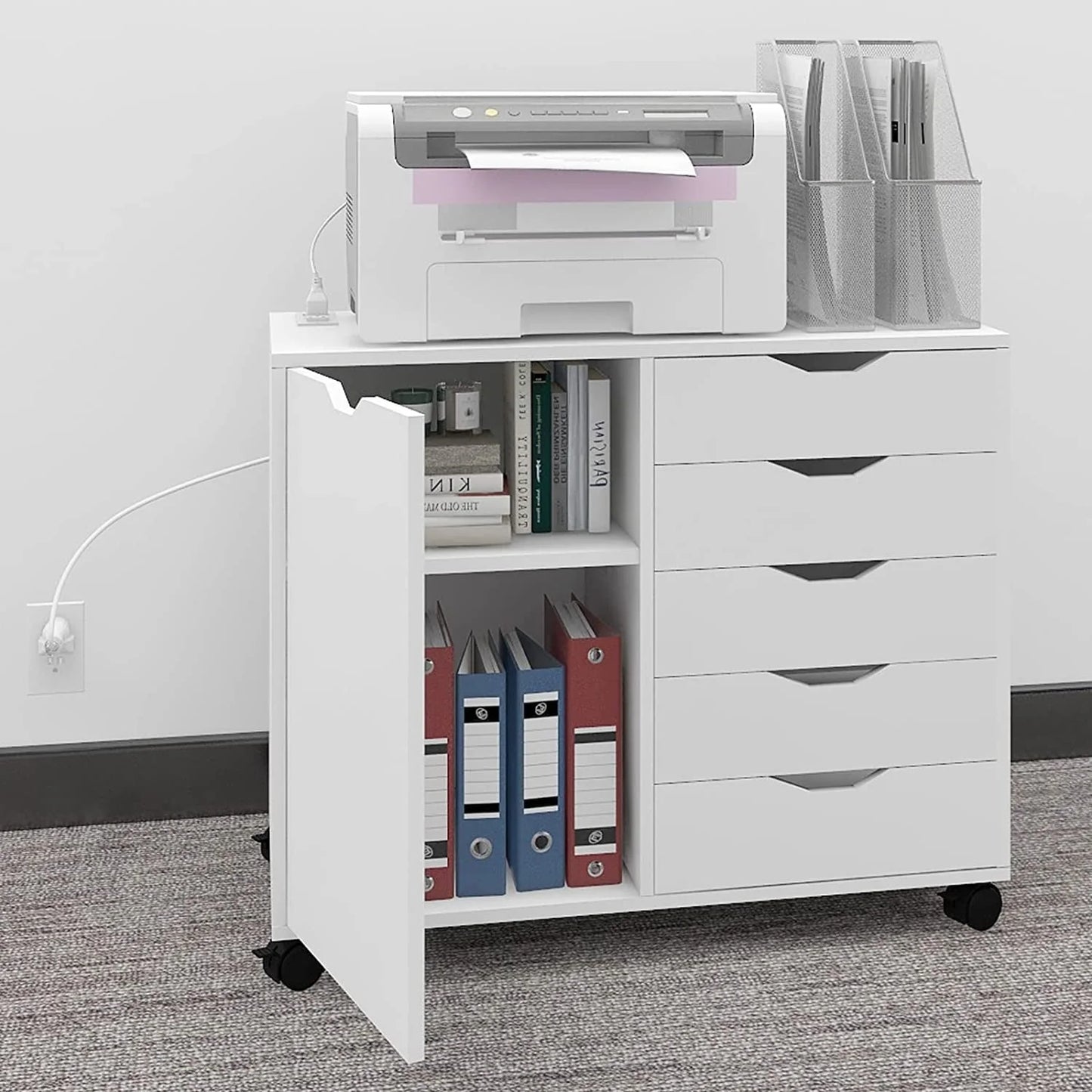 Natwind 5-Drawer Mobilable Wood Printer Stand with Charging Station,Cart File Storage Cabinets with Socket and Door Home Office Lateral Filing Cabinet(white)