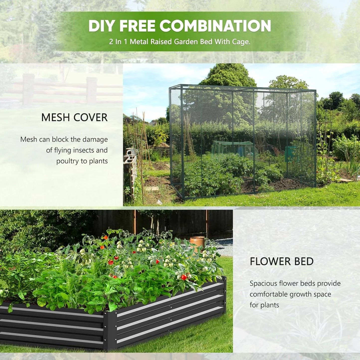 Slsy Galvanized Raised Garden Bed Kit w/Crop Cage Anti-Bird Netting Mesh Cover, 71" x 35.4" x 59" Large Metal Outdoor Planter Garden Boxes w/2 Roll-Up Zippered Doors, for Vegetables Herbs Flowers