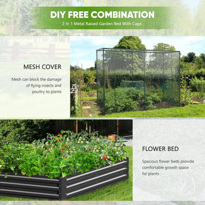 Slsy Galvanized Raised Garden Bed Kit w/Crop Cage Anti-Bird Netting Mesh Cover, 71" x 35.4" x 59" Large Metal Outdoor Planter Garden Boxes w/2 Roll-Up Zippered Doors, for Vegetables Herbs Flowers