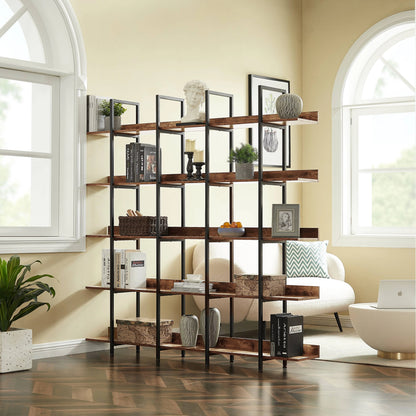 Bellemave 5 Tier Large Open Bookshelf, Home Office Display Shelves with Metal Frame, Vintage Industrial Bookcases with Back Fence, High-quality MDF Board (Brown)