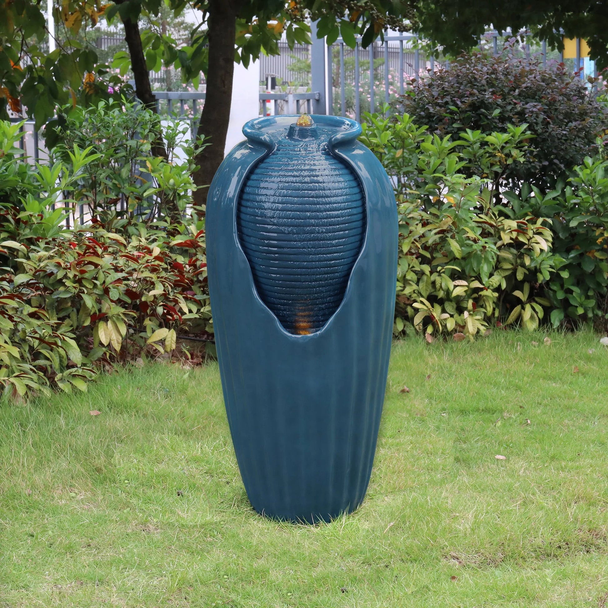 Teamson Home Indoor/Outdoor Glazed Contoured Vase Water Fountain for Backyard with LED Lights, Blue