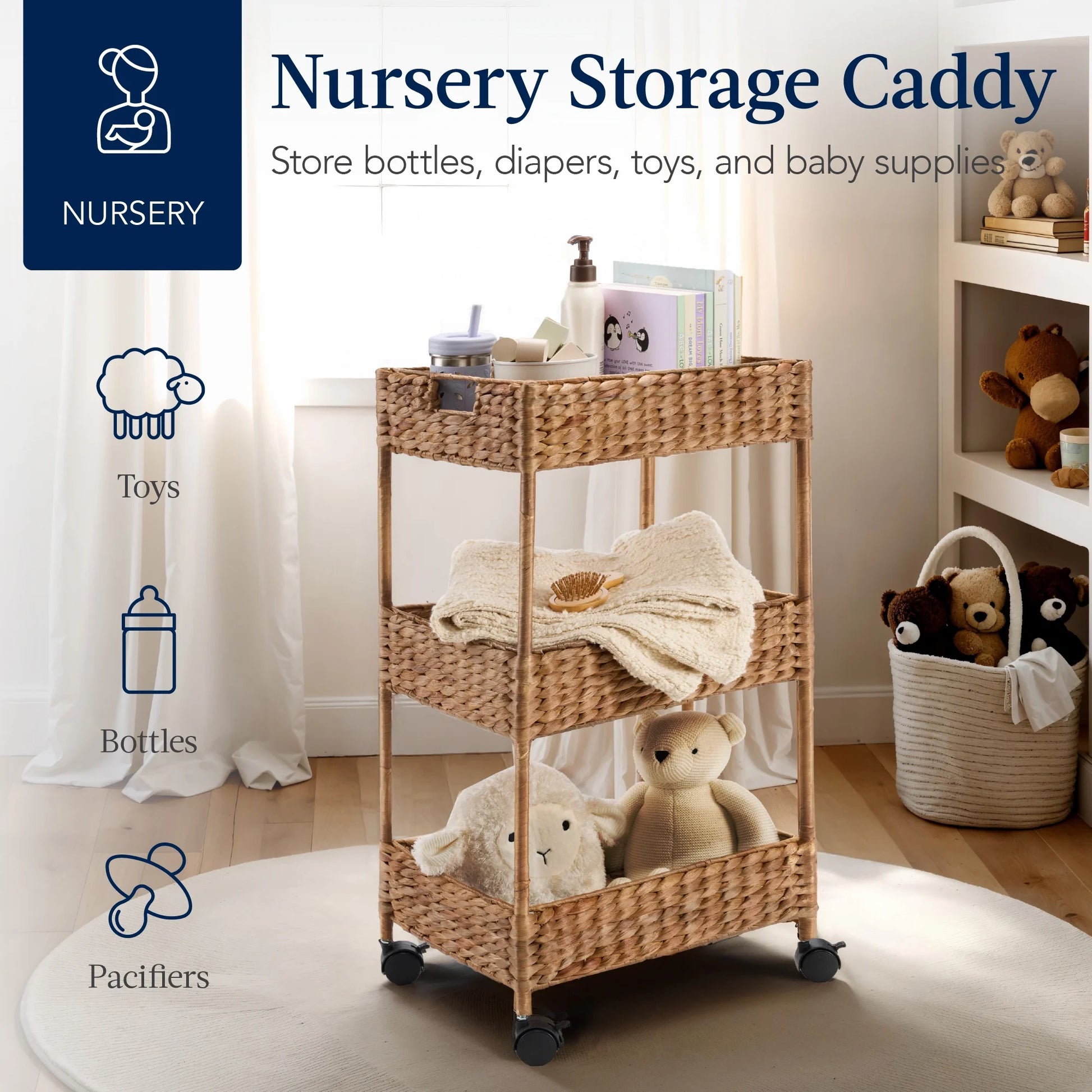 Best Choice Products 3-Tier Water Hyacinth Rolling Nursery Caddy w/Wheels, Utility Cart, Storage Organization - Natural