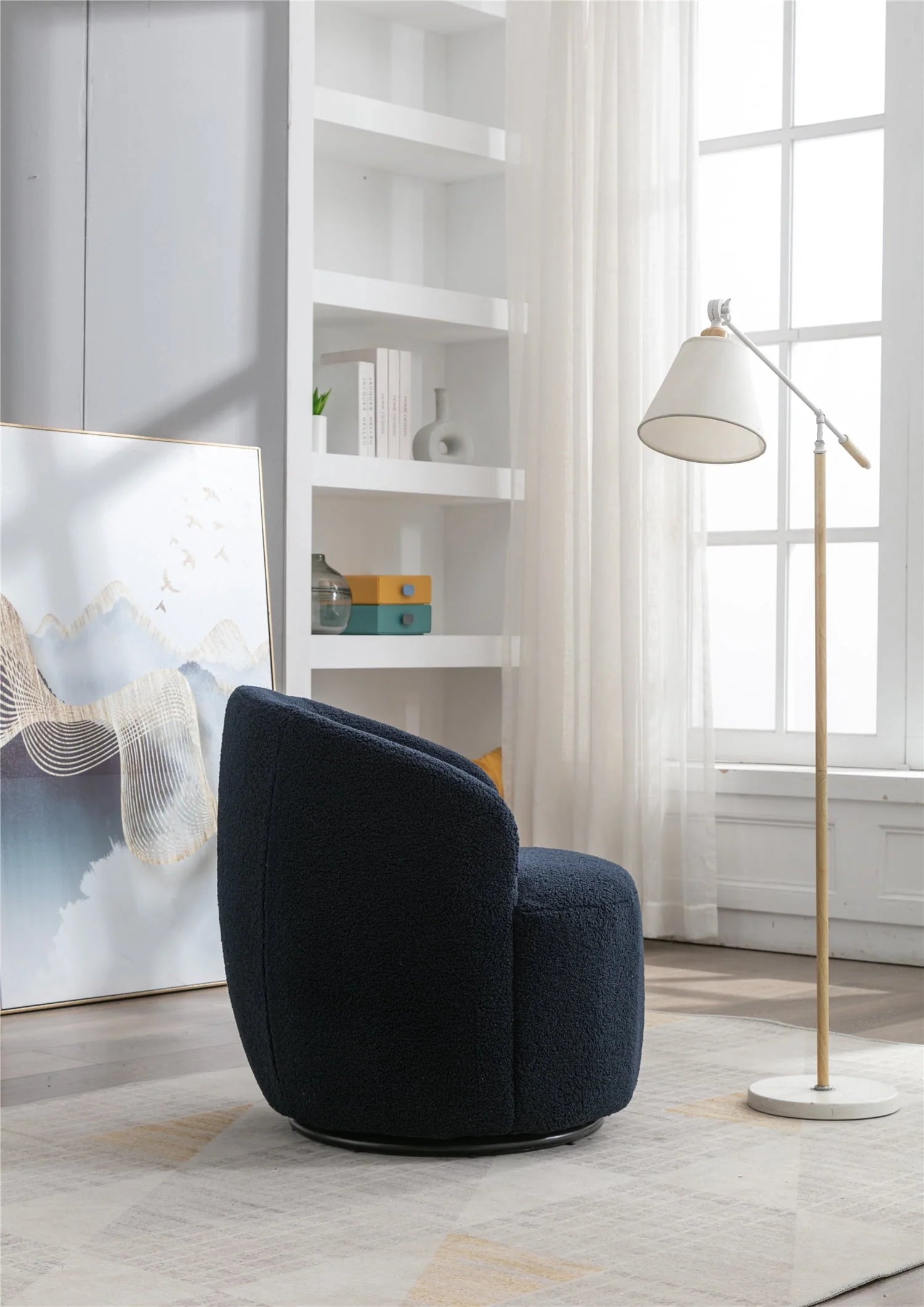 Swivel Barrel Chair, Modern Teddy Fabric Swivel Accent Barrel Chair Armchair, Upholstered Cozy Club Chairs Sofa Arm Chair for Nursery, Bedroom, Office, Hotel, Dark Blue