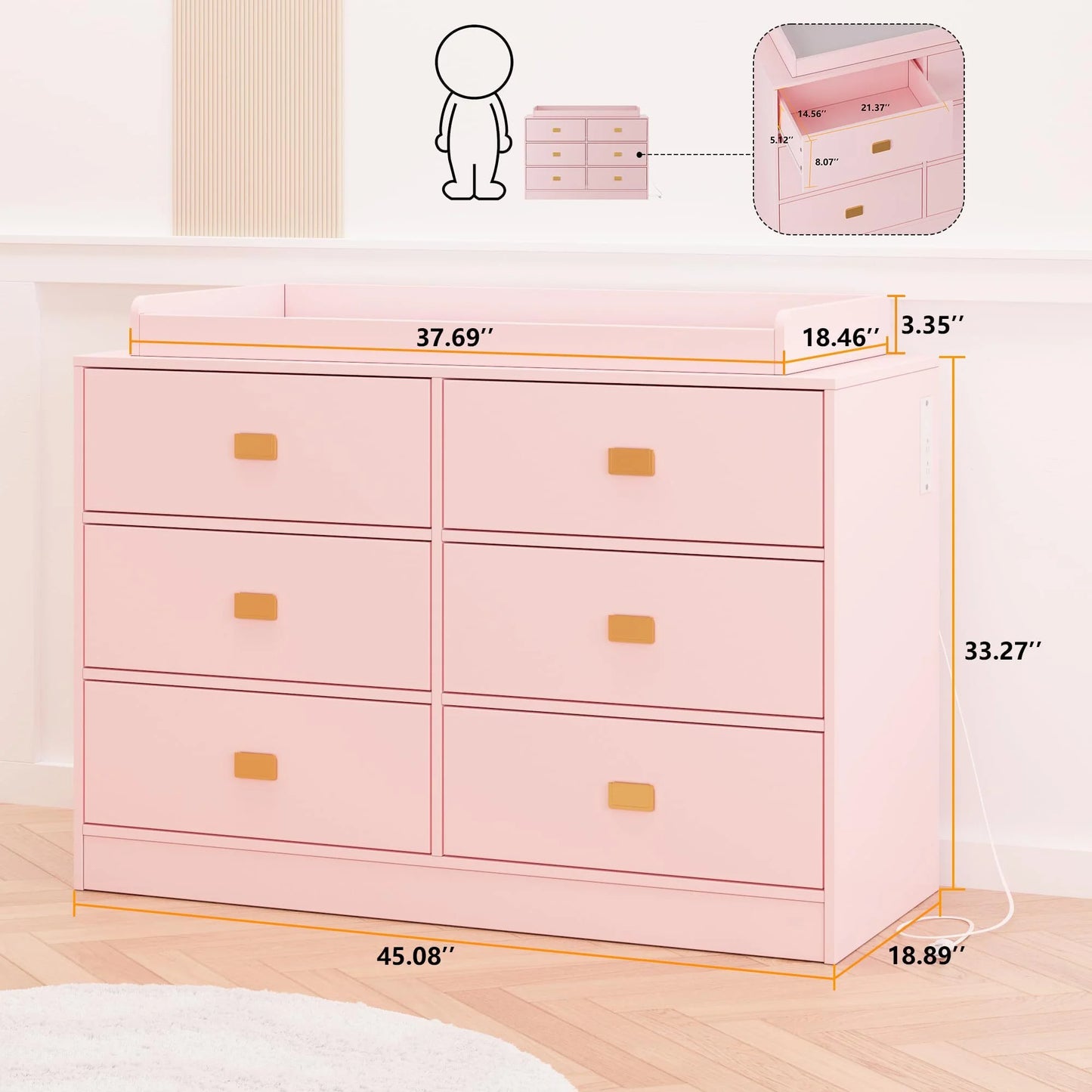 NEILA Changing Table Dresser with 6 Drawers and Power Outlets - Nursery Storage Organizer with Removable Changing Pad