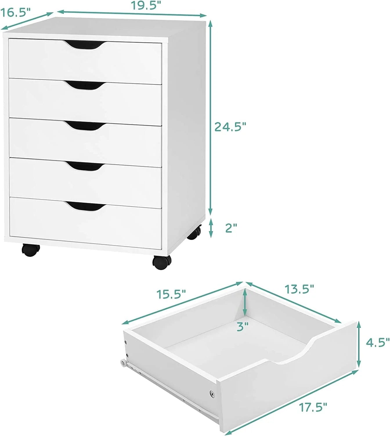 DWVO Wood File Cabinet Rolling Cart 5 Drawer Home Office Storage Organizer White