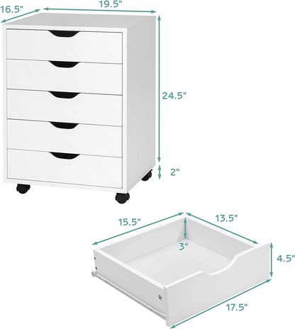 DWVO Wood File Cabinet Rolling Cart 5 Drawer Home Office Storage Organizer White
