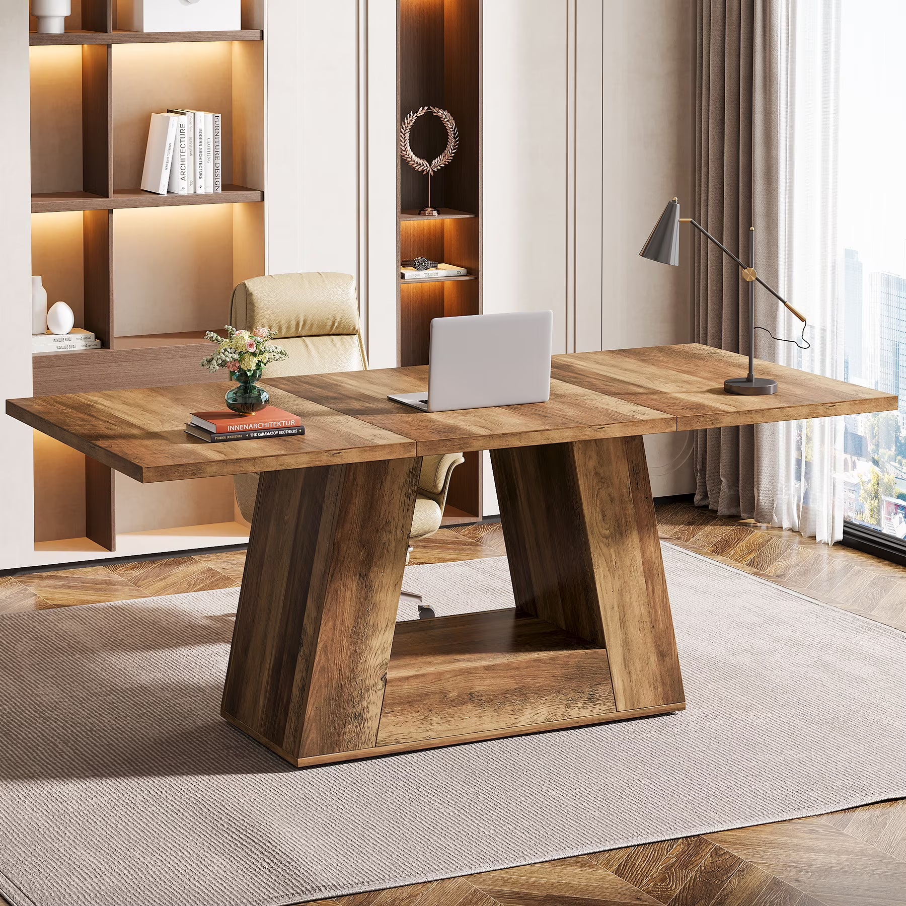 Tribesigns Modern Computer Desk, 63 inch Wooden Faux Marble Study Writing Table with Sturdy Base for Home Office, Black