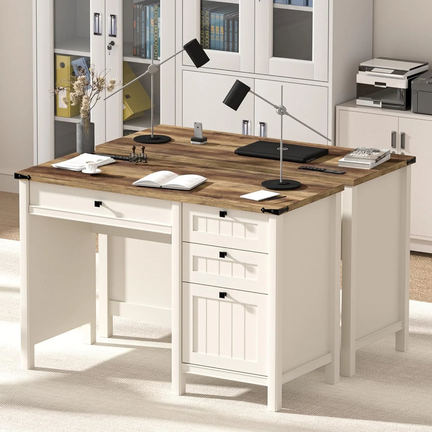 FIAKOA 45"Executive Desk, Modern Farmhouse Computer Desk with Drawers & Cabinet, White Home Office Desk Writing Workspace for Work Study