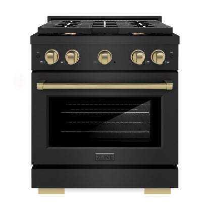 ZLINE Autograph Edition 30 in. 4.2 cu. ft. Paramount Gas Range with 4 Burner Cooktop and Convection Gas Oven in Black Stainless Steel and Champagne Bronze Accents (SGRBZ-30-CB)