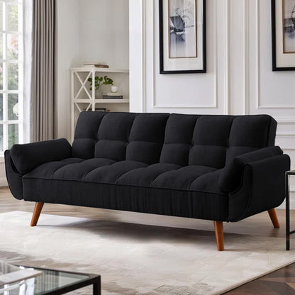 Aukfa 75" Flared Arm Futon Convertible Sofa Bed, Linen Sleeper Couch for Home Office, Beige