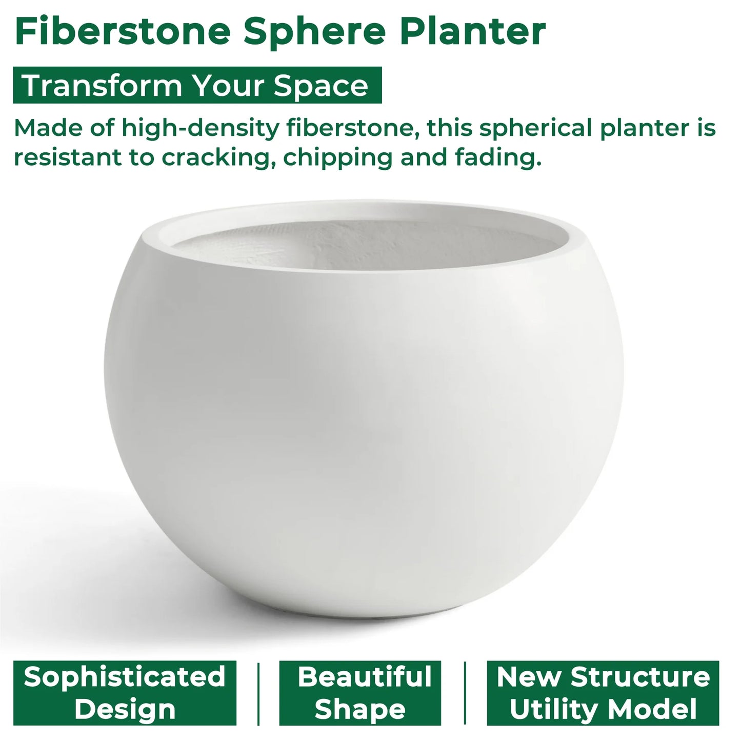 19.3" D x 13" H Fiberstone Large Size Planter, Black, 15" Pot Opening, Sphere Flower Pots with Drainage Hole, Weather Resistance Indoor/Outdoor Round Planters for Tree or Plants