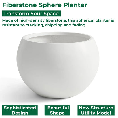19.3" D x 13" H Fiberstone Large Size Planter, Black, 15" Pot Opening, Sphere Flower Pots with Drainage Hole, Weather Resistance Indoor/Outdoor Round Planters for Tree or Plants