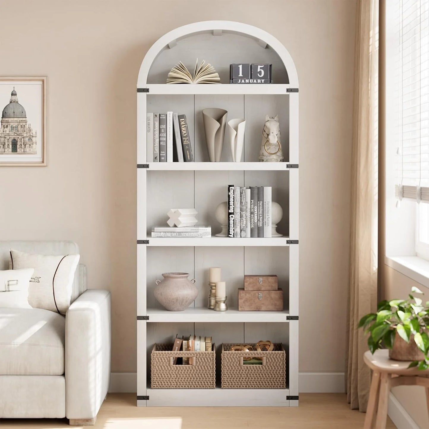 Accreate Bookcase 5 Shelf Arched Bookshelf 71.65in Tall Bookcase Farmhouse Display Storage Rack Wooden Bookshelves for Home office, Living Room