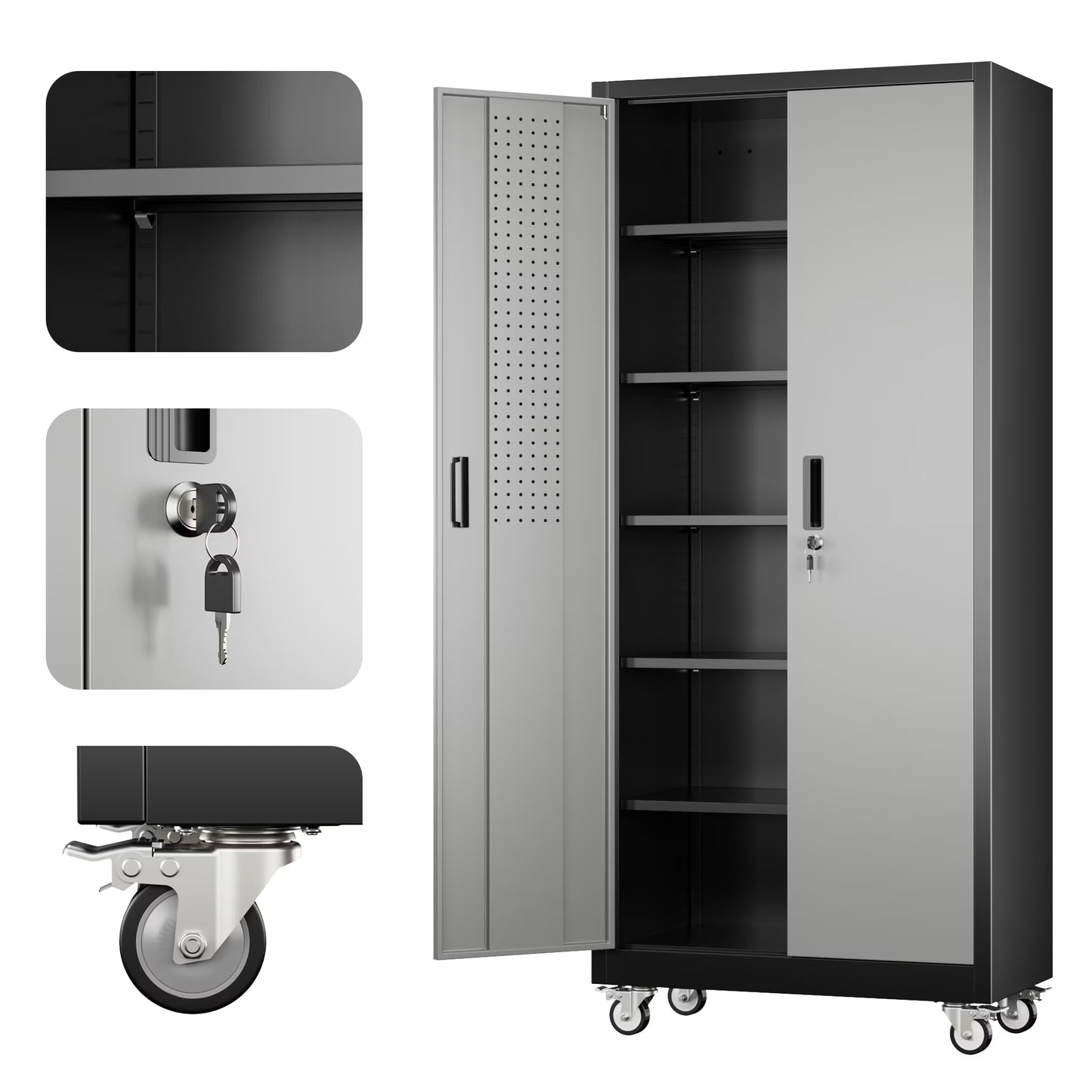 SUXXAN Metal Storage Cabinets with Locking Doors and Adjustable Shelves for Home Office, Garage and Utility Room (2 Handles, Black)