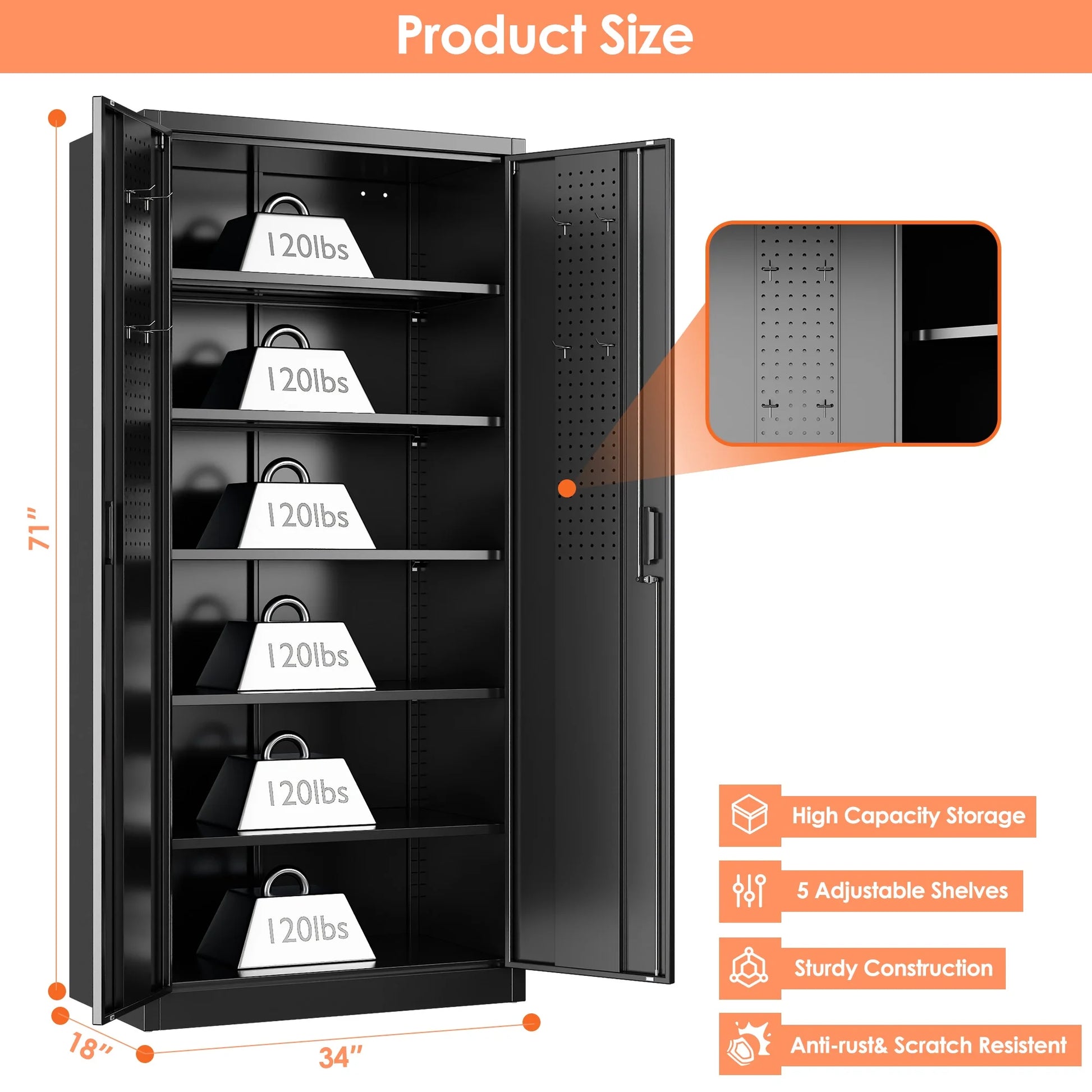Aobabo Metal Storage Cabinet with Lock & Pegboard,Garage Storage Cabinet with 5 Adjustable Shelves,Tool Storage Cabinets for Home Office Garage,Assembly Required,Black