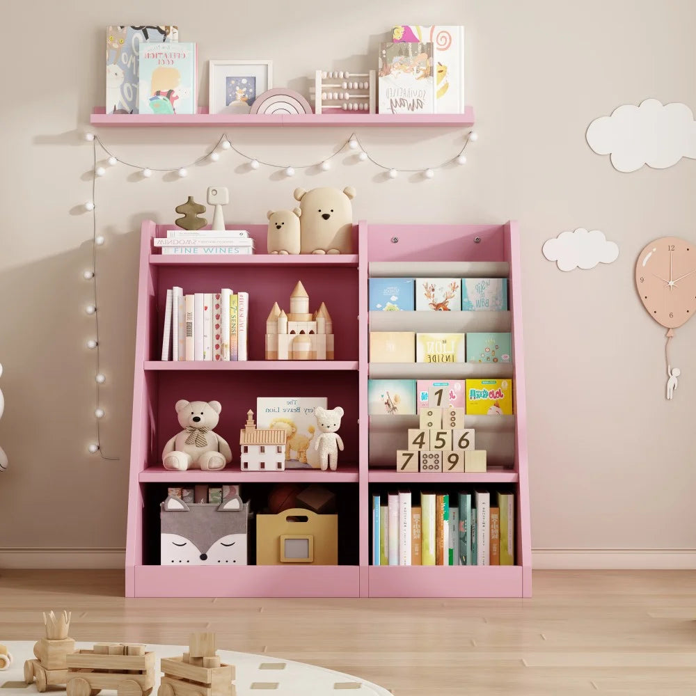 IVV Montessori Kid Bookshelf, Modern Wood Bookcase 4 Tier Children Book Rack Display Toy Storage Organizer Sling Book Rack for Classroom Bedroom Nursery Playroom (Pink)