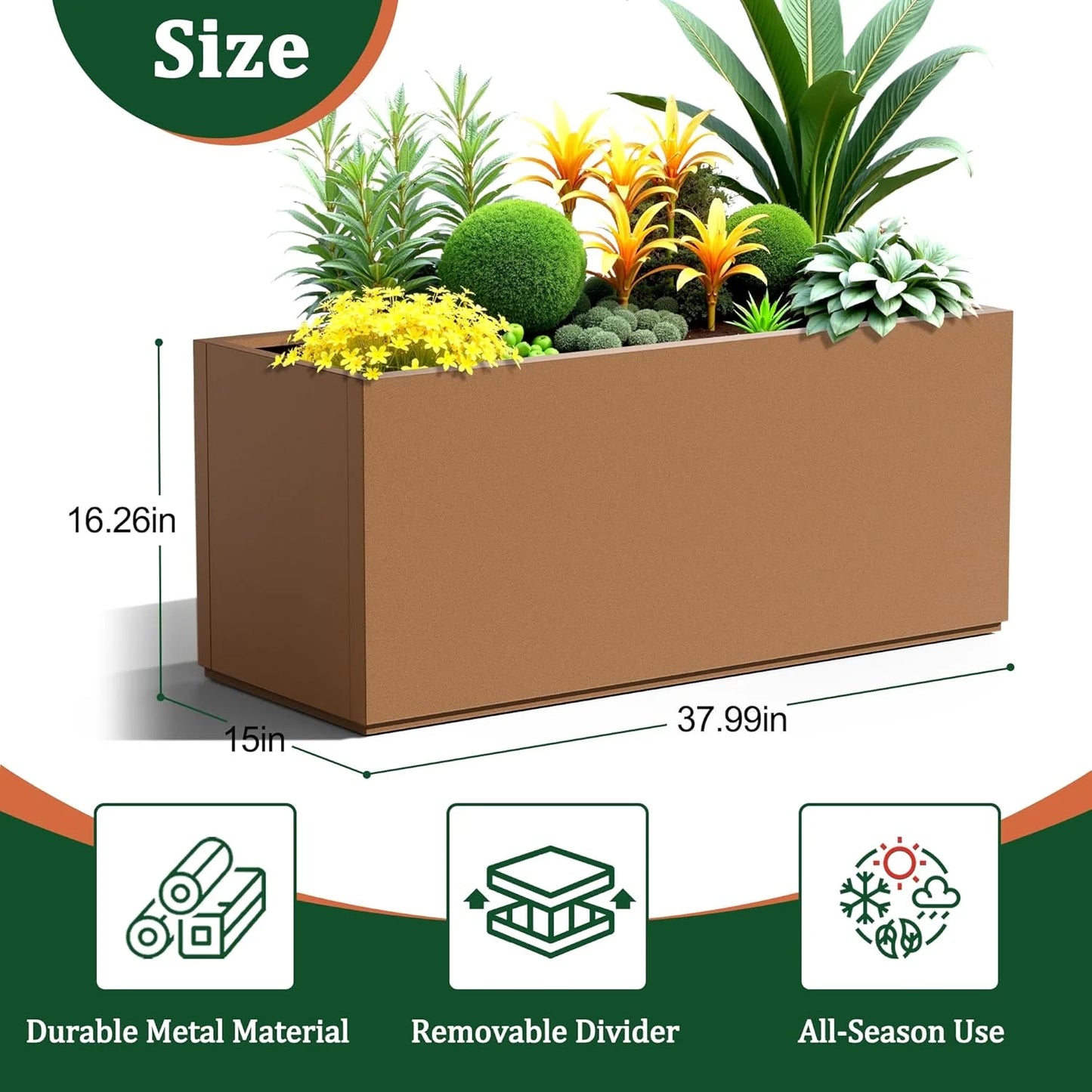 Large Rectangle Planter Metal Brown Planter Box with a Drainage Hole and a Removable Divider Indoor Outdoor Porch Pots for Tall , Trees, Flowers 37.99"x 15" x 16.26" Brown