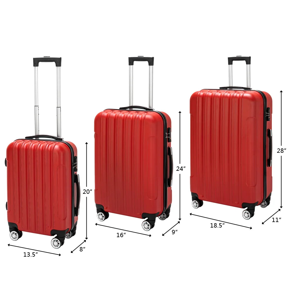Red 3-Piece Hardshell Spinner Luggage Set (20in, 24in, 28in) - Large ABS Suitcase Set with 8 Wheels, Lightweight & Durable for Travel