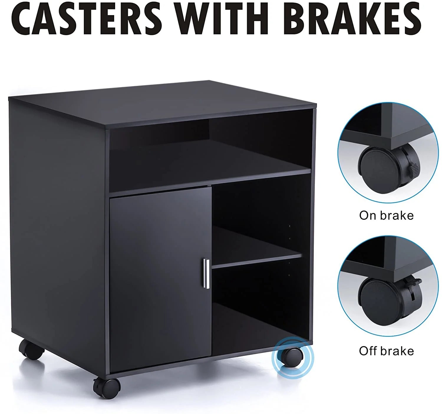 FITUEYES Printer Stand with Storage Adjustable Shelves, Wood Mobile Cart with Door, Rolling File Cabinet on Wheels for Home Office, Black