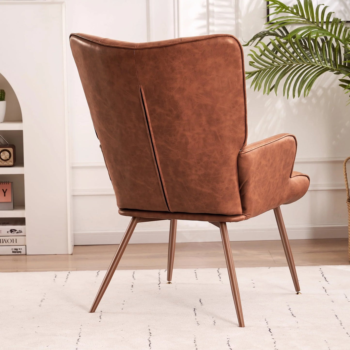 Unikome Livingroom Chairs Mid-Century Modern Accent Chair, Faux Leather Wingback Accent Chair PU Leather Accent Chair for Home Office/Living Room/Bedroom, Brown