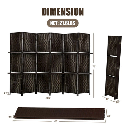 YRLLENSDAN 6 Panel Folding Room Divider with Storage Shelves, Tall Wall Partition, Freestanding Indoor Privacy Screen, Black