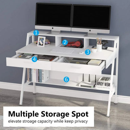 Tribesigns 47 inch Computer Desk, Modern Office Writing Desk with Storage Shelf & Drawers for Home Office, White