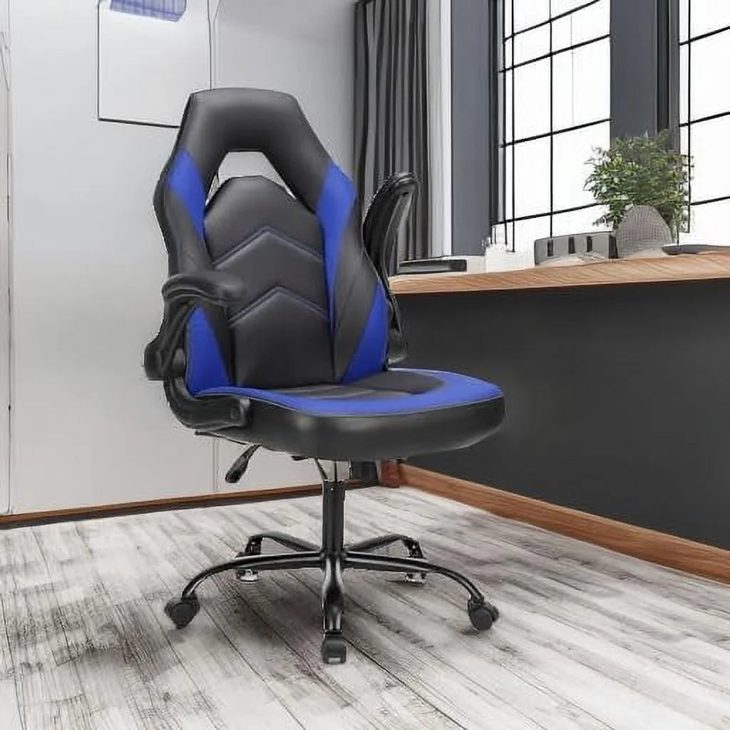 Ergonomic Computer Gaming Chair - Home Office Desk with PU Leather Lumbar Support, Height Adjustable Big and Tall Video Game with Flip-up Armrest, Swivel Wheels for Adults and Teens