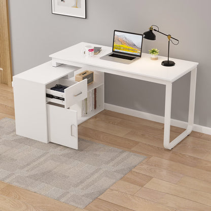 OXYLIFE 55 Inch Reversible Home Office Desk, Wood L-Shaped Corner Desk, Writing Workstation with Drawer, Shelves and File Cabinet, White