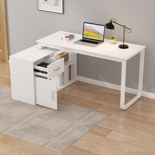 OXYLIFE 55 Inch Reversible Home Office Desk, Wood L-Shaped Corner Desk, Writing Workstation with Drawer, Shelves and File Cabinet, White