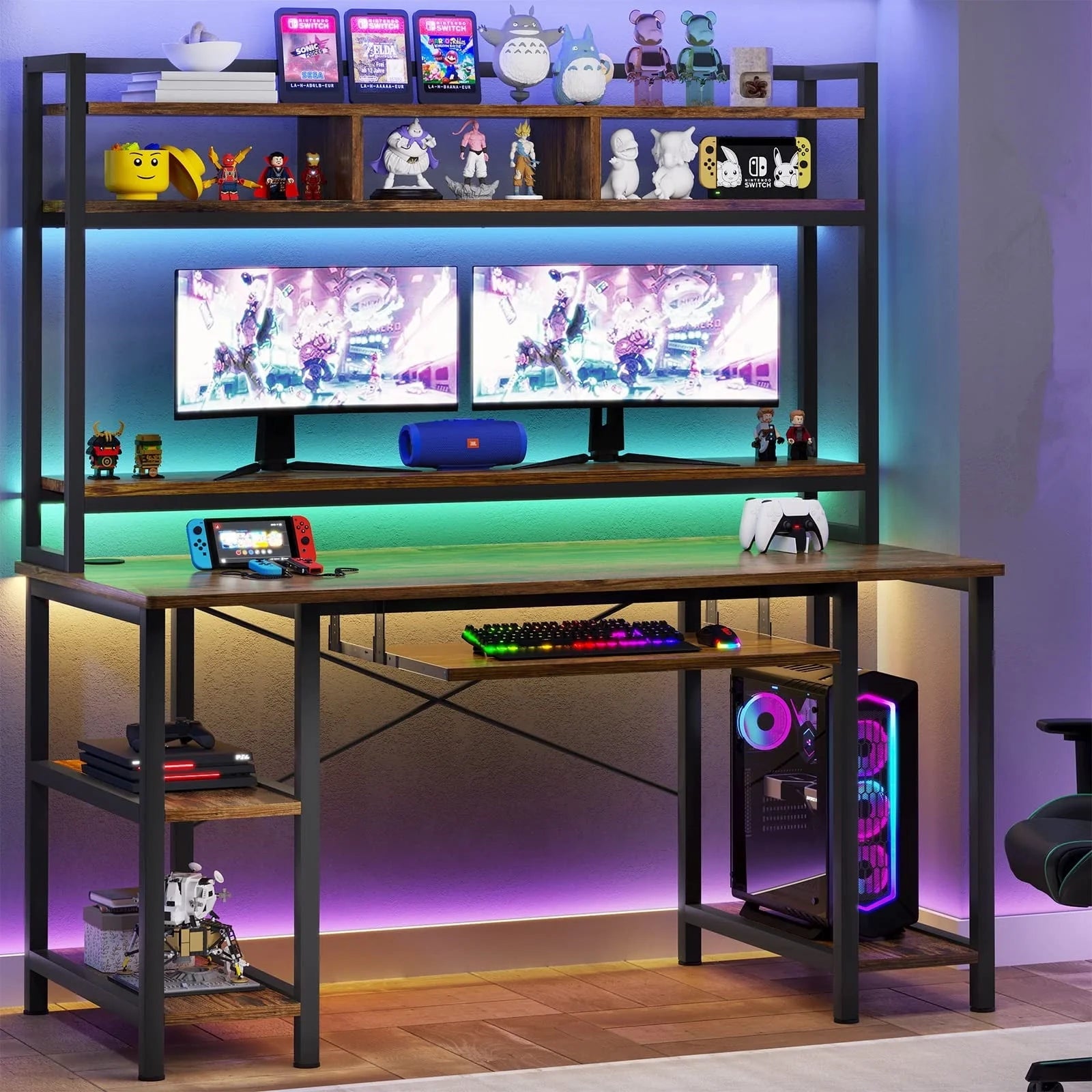55" Computer Desk with Drawer& Power Outlet, Industrial Home Office Table Gaming Desk PC Study Workstation with Hutch& LED Lights& Adjustable Shelves,White