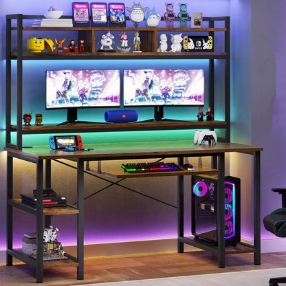55" Computer Desk with Drawer& Power Outlet, Industrial Home Office Table Gaming Desk PC Study Workstation with Hutch& LED Lights& Adjustable Shelves,White