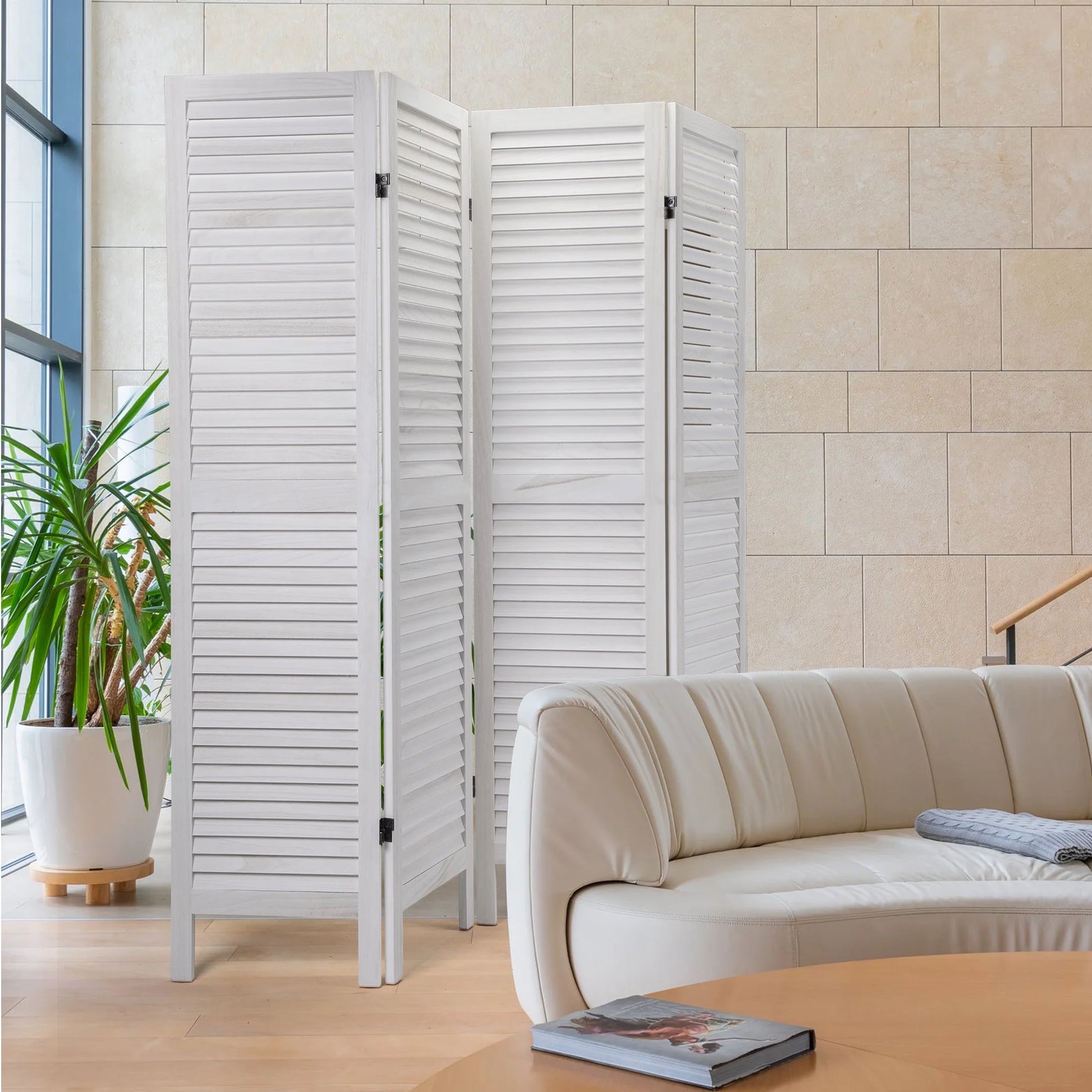 Jaxpety 4 Panel Room Divider Folding Privacy Screen Louvered Partial Partition, Aged White